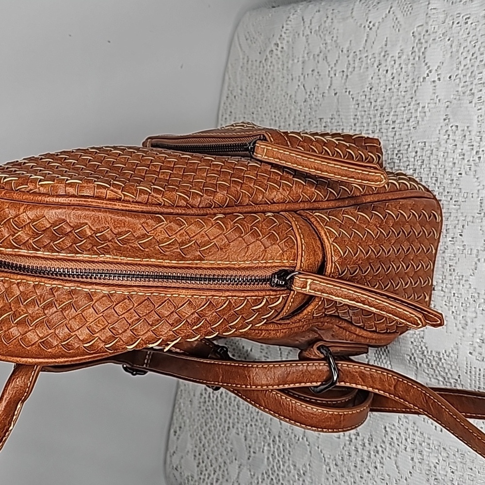 Shomico tan leather woven basket style weaved backpack purse handbag - Picture 5 of 8